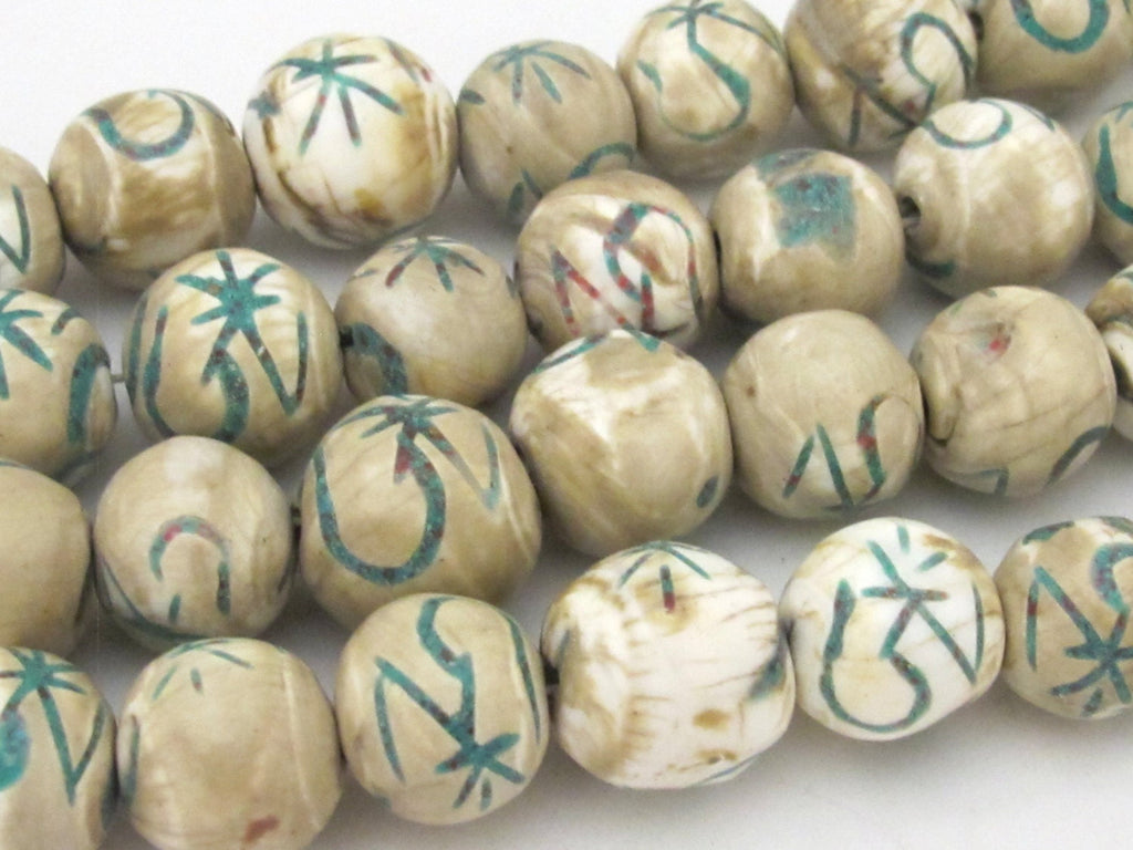 2 Beads - Large size Tibetan Om mantra turquoise inlaid naga conch shell beads 15 - 18 mm - CH059