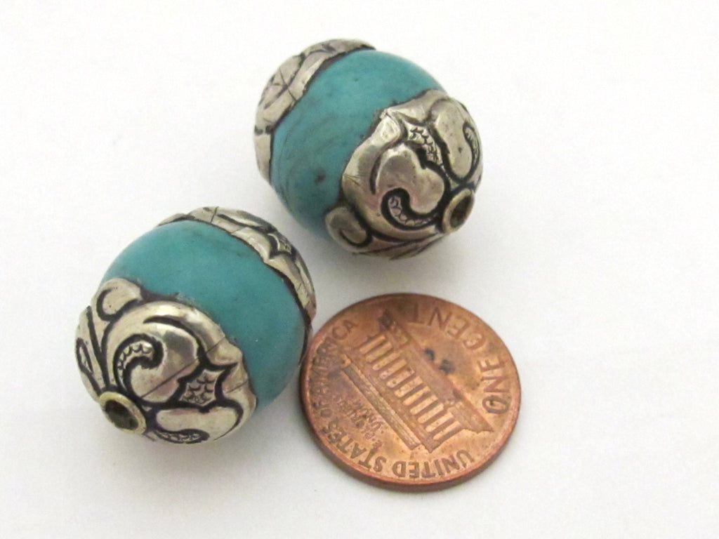 2 BEADS - Tibetan silver capped thick tibetan turquoise gemstone beads 17 - 18 mm x 20 - 22 mm - BD782