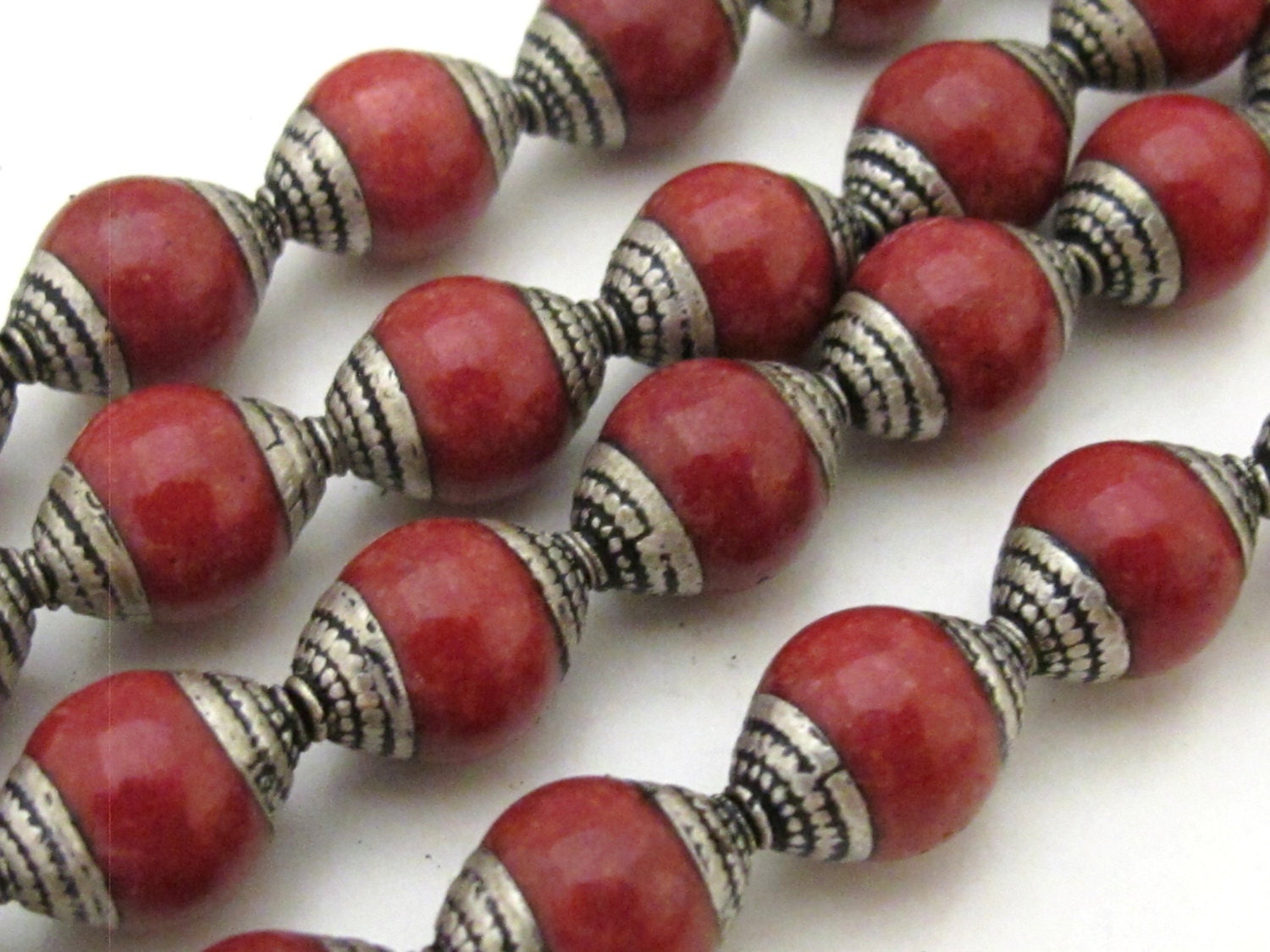 4 Beads - Tibetan silver capped Tibetan coral beads from Nepal - BD772