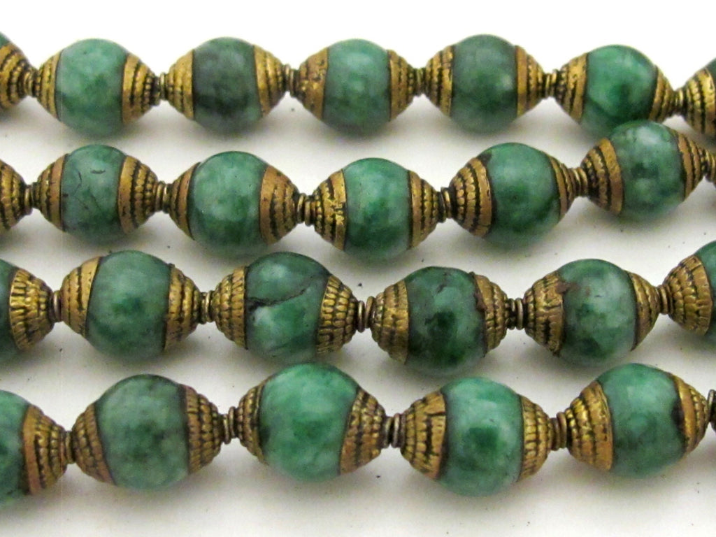 4 Beads - Brass capped Tibetan jade beads from Nepal 9 - 10 mm x 12 - 13 mm - BD776