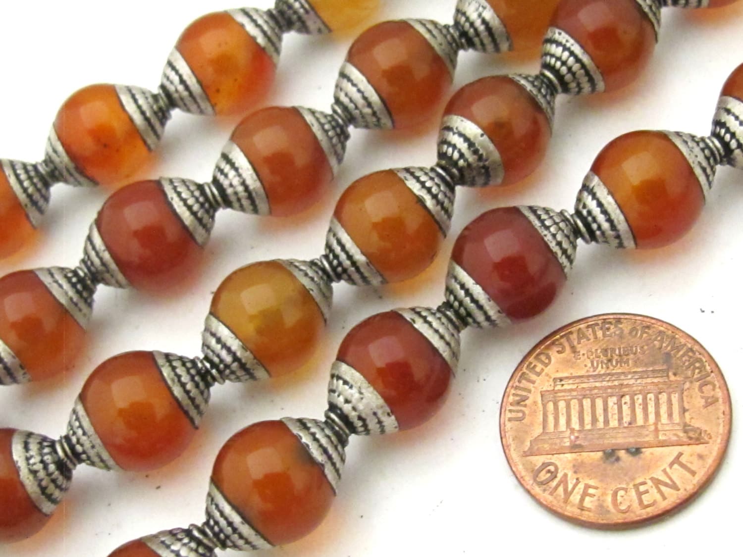 4 BEADS - Ethnic Tibetan silver capped carnelian agate beads from Nepal 9 - 10 mm x 13 -14 mm - BD778