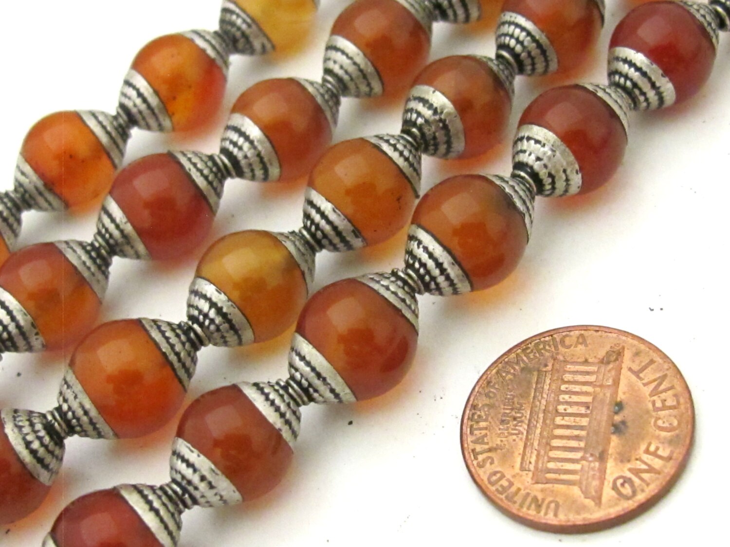 4 BEADS - Ethnic Tibetan silver capped carnelian agate beads from Nepal 9 - 10 mm x 13 -14 mm - BD778