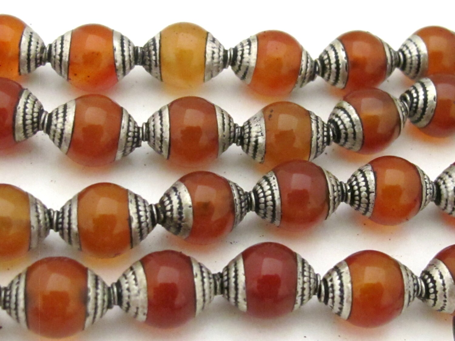 4 BEADS - Ethnic Tibetan silver capped carnelian agate beads from Nepal 9 - 10 mm x 13 -14 mm - BD778