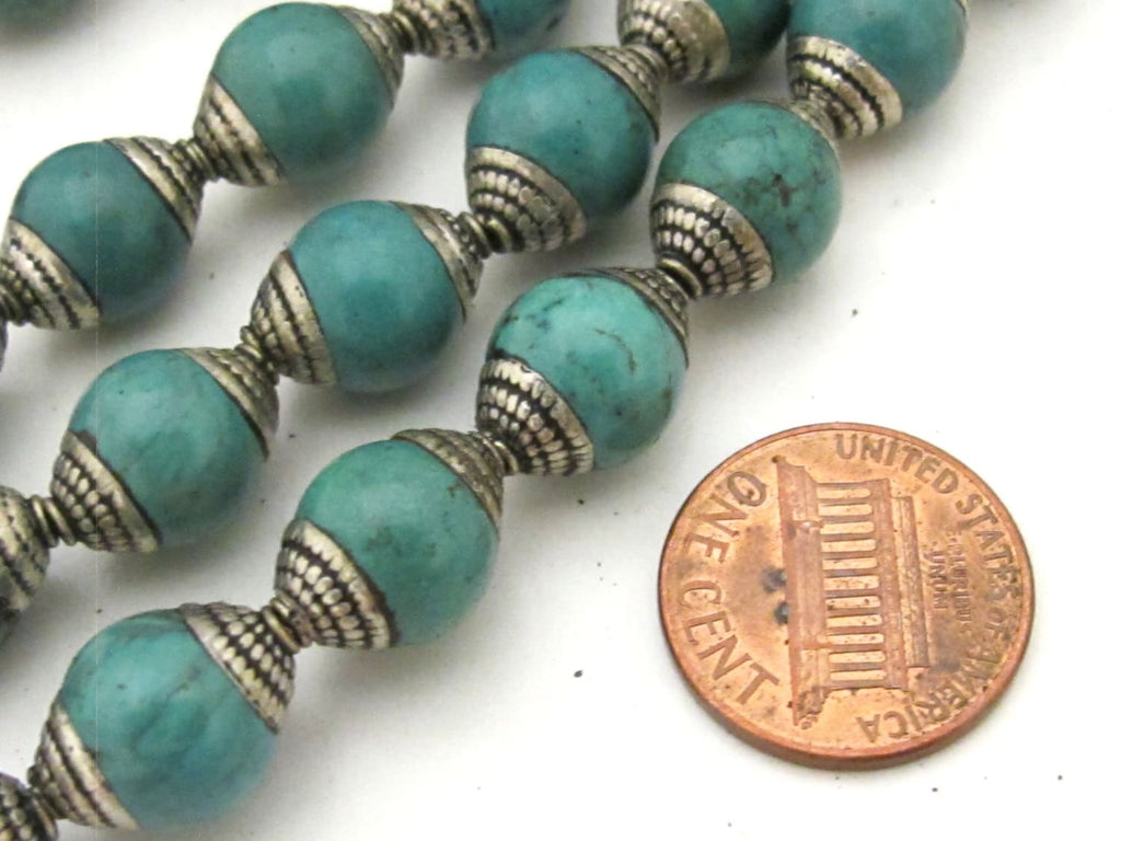 4 BEADS - Ethnic Tibetan silver capped turquoise beads from Nepal 9 - 10 mm x 13 -14 mm - BD780