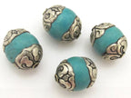 2 BEADS - Tibetan silver capped thick tibetan turquoise gemstone beads 17 - 18 mm x 20 - 22 mm - BD782