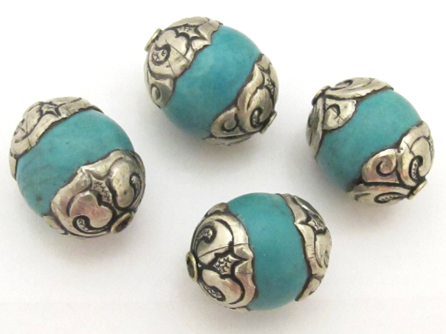2 BEADS - Tibetan silver capped thick tibetan turquoise gemstone beads 17 - 18 mm x 20 - 22 mm - BD782