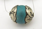 2 BEADS - Tibetan silver capped thick tibetan turquoise gemstone beads 17 - 18 mm x 20 - 22 mm - BD782