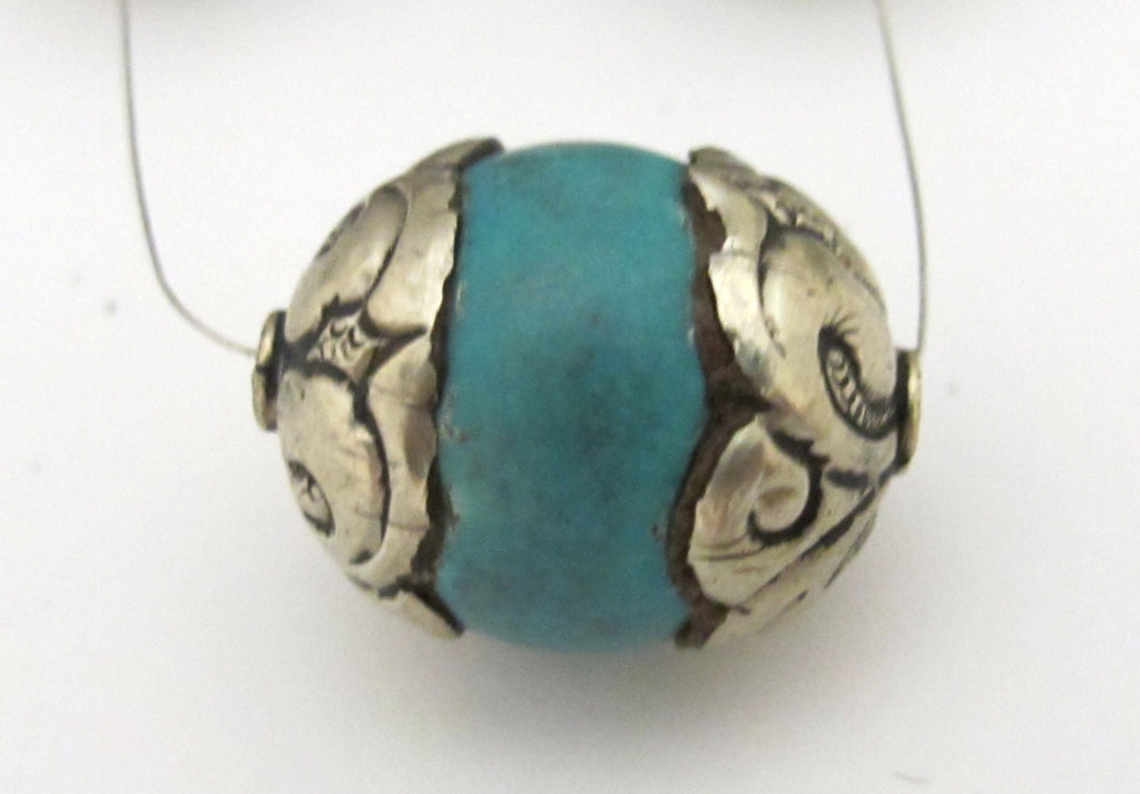 2 BEADS - Tibetan silver capped thick tibetan turquoise gemstone beads 17 - 18 mm x 20 - 22 mm - BD782