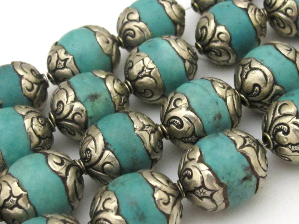 2 BEADS - Tibetan silver capped thick tibetan turquoise gemstone beads 17 - 18 mm x 20 - 22 mm - BD782