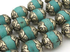 2 BEADS - Tibetan silver capped thick tibetan turquoise gemstone beads 17 - 18 mm x 20 - 22 mm - BD782