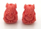 2 BEADS - Salmon orange color resin seated Ganesha pendant beads 20 mm x 15 mm - BD784C