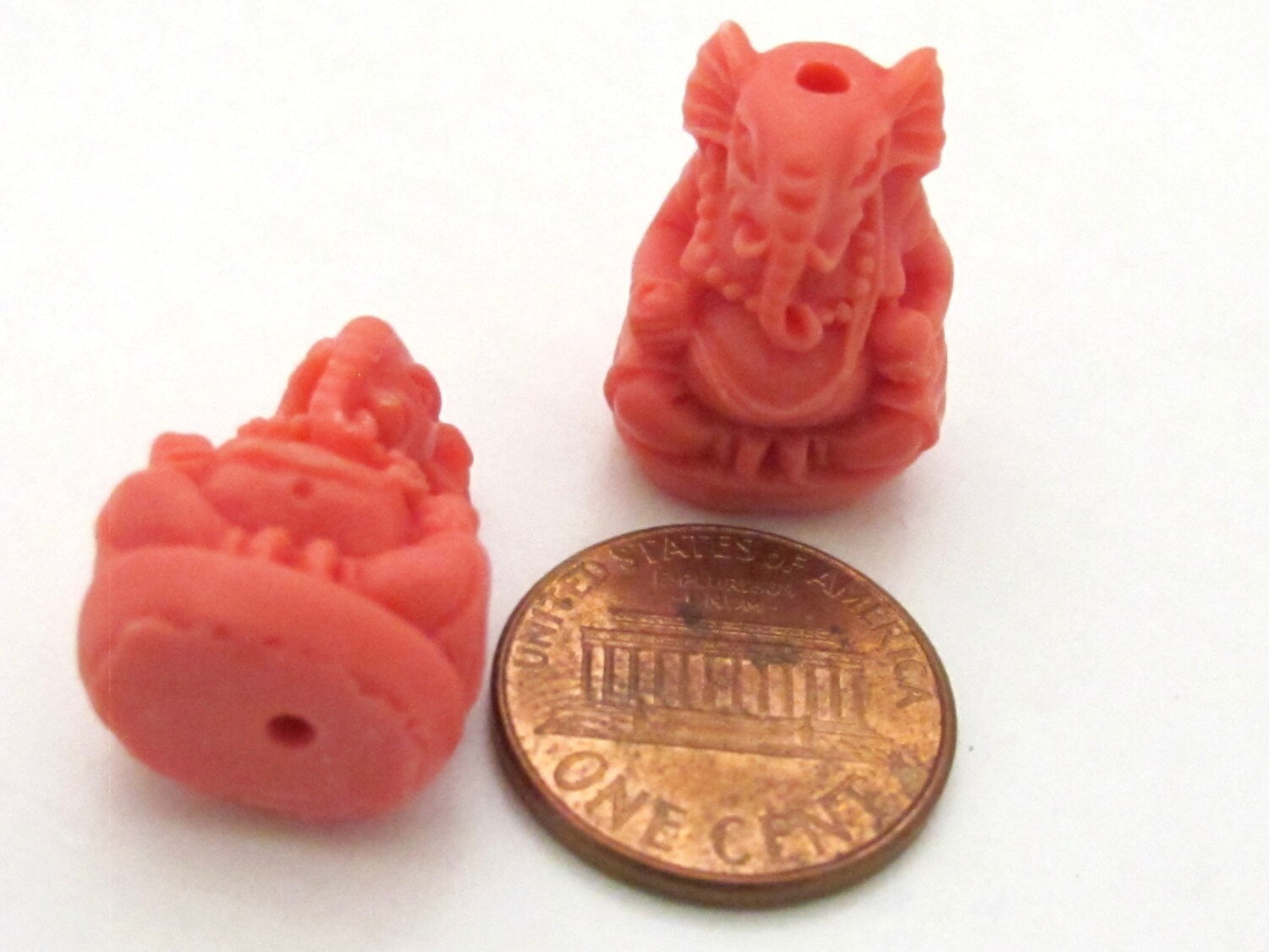 2 BEADS - Salmon orange color resin seated Ganesha pendant beads 20 mm x 15 mm - BD784C