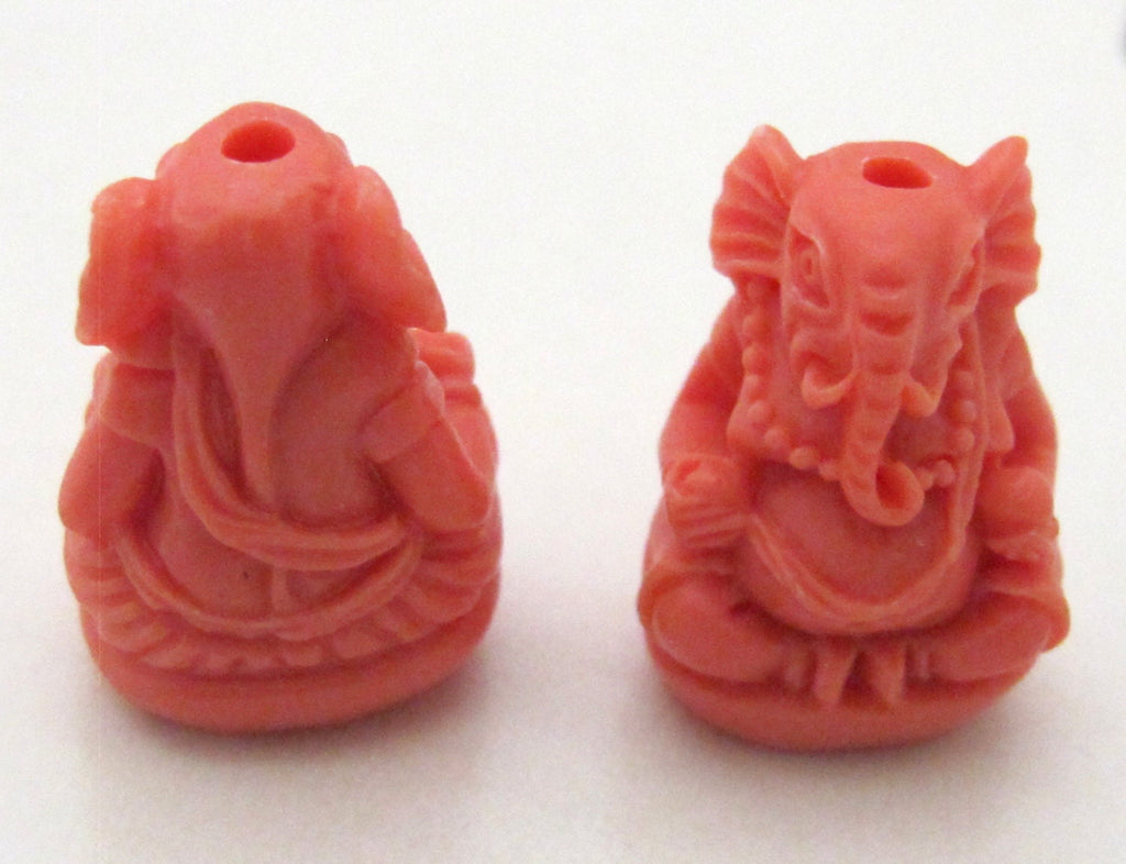 2 BEADS - Salmon orange color resin seated Ganesha pendant beads 20 mm x 15 mm - BD784C