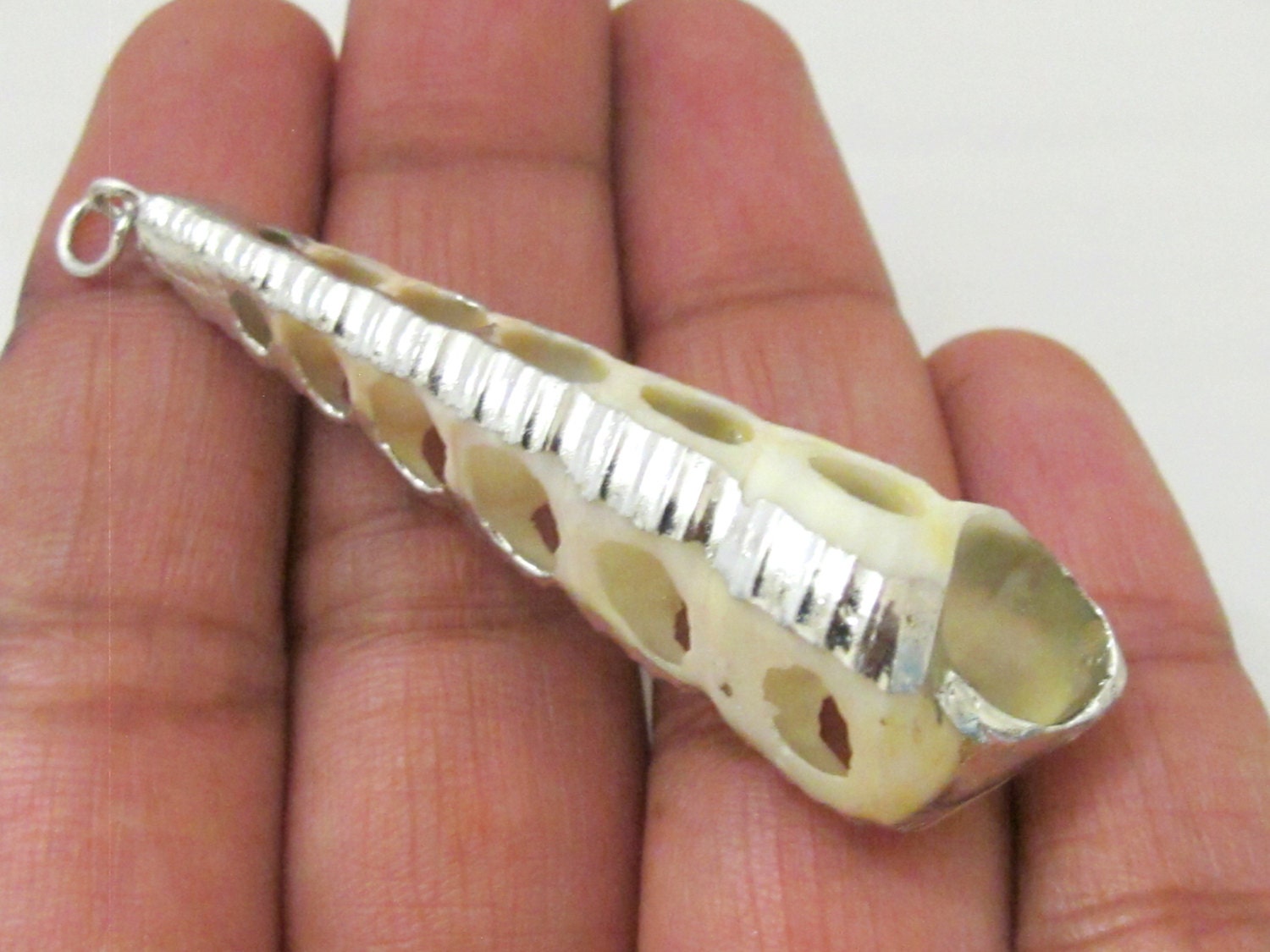 1 Pendant - Long sliced conical shell Silver plated shell pendant - SP042