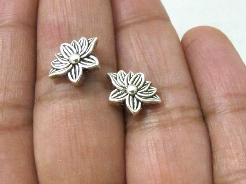 10 Beads - Antiqued silver tone small Lotus flower shape metal beads 8 mm x 12 mm - BD787