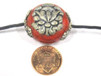 1 Bead - Beautiful large reversible red crackle resin Tibetan silver Lotus flower bead - BD792