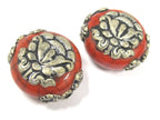 1 Bead - Beautiful large reversible red crackle resin Tibetan silver Lotus flower bead - BD792