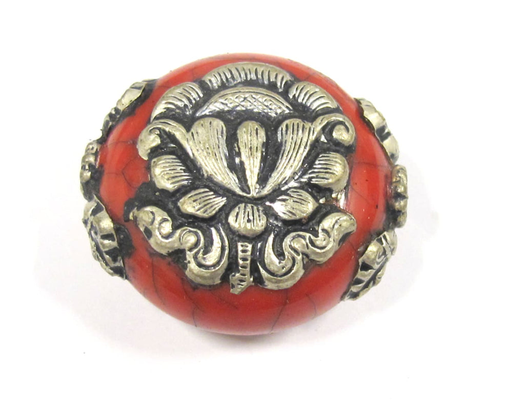 1 Bead - Beautiful large reversible red crackle resin Tibetan silver Lotus flower bead - BD792