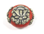 1 Bead - Beautiful large reversible red crackle resin Tibetan silver Lotus flower bead - BD792