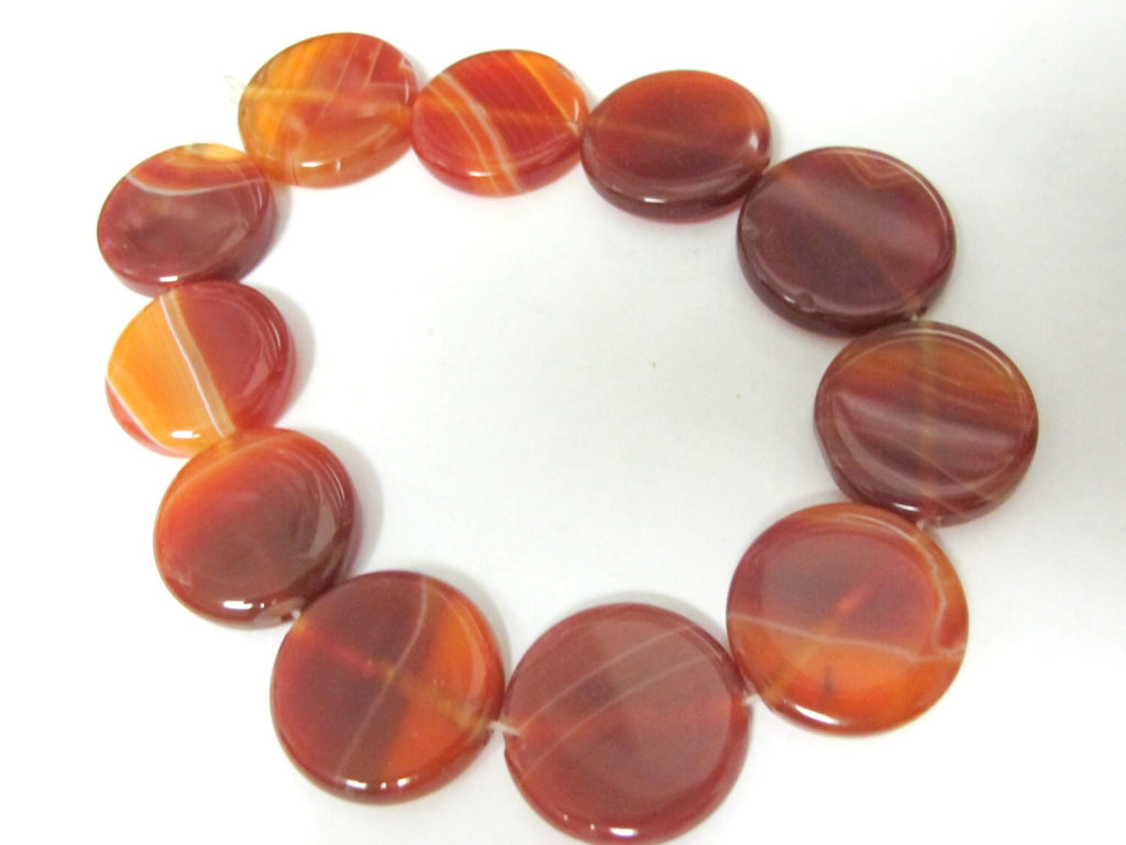 5 pcs - Red brown banded agate gemstone coin disc beads - GM375