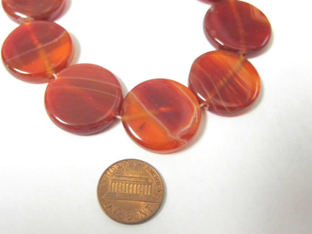 5 pcs - Red brown banded agate gemstone coin disc beads - GM375