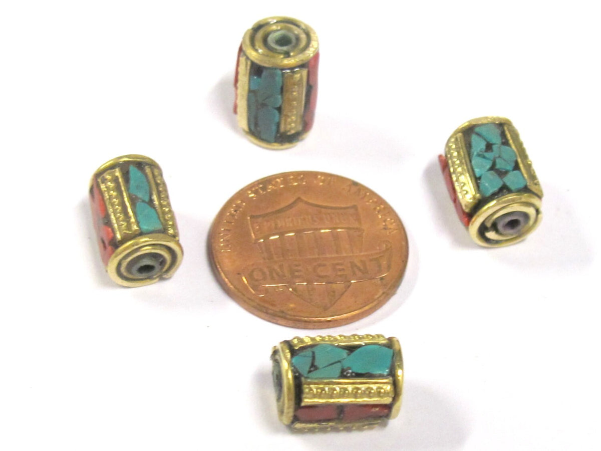 10 Beads - Tibetan brass beads with turquoise inlay from Nepal - BD798s