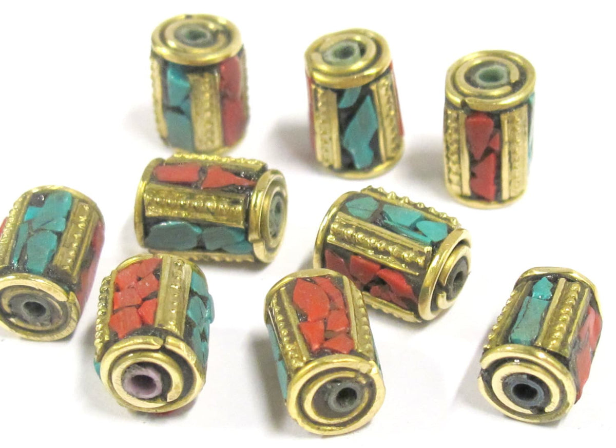 Nepal beads brass beads Tibetan Beads - Tibetan brass beads with turquoise inlay from Nepal - BD798 - 4 beads