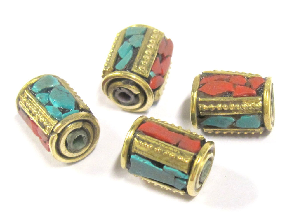 10 Beads - Tibetan brass beads with turquoise inlay from Nepal - BD798s