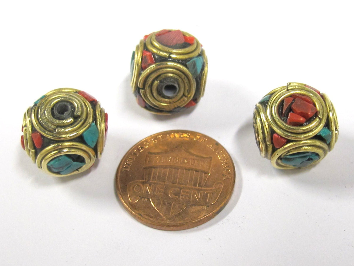 4 beads - Large 13 -1 4 mm Tibetan nepal brass beads with turquoise inlay - BD799s