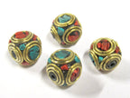 4 beads - Large 13 -1 4 mm Tibetan nepal brass beads with turquoise inlay - BD799s