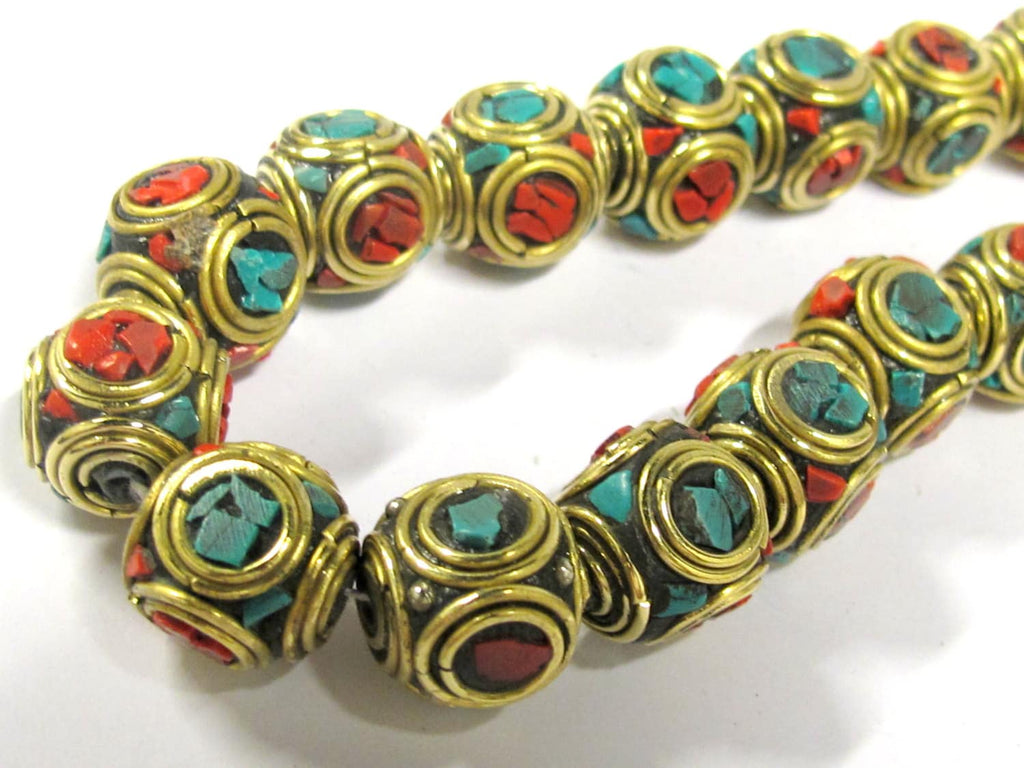 4 beads - Large 13 -1 4 mm Tibetan nepal brass beads with turquoise inlay - BD799s