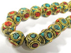 4 beads - Large 13 -1 4 mm Tibetan nepal brass beads with turquoise inlay - BD799s