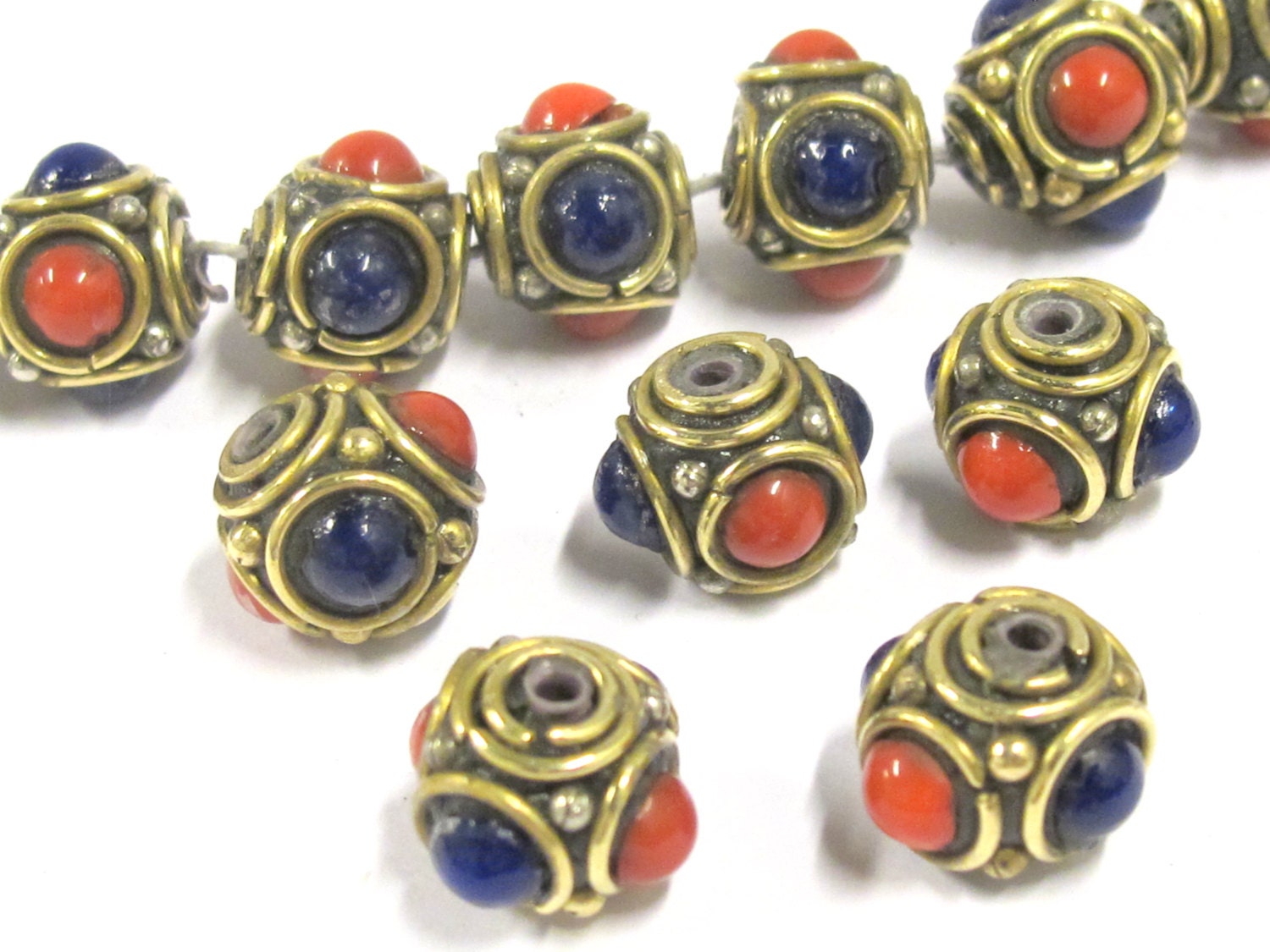 8 beads - Ethnic Tibetan nepal brass beads with red blue resin inlays - BD800s