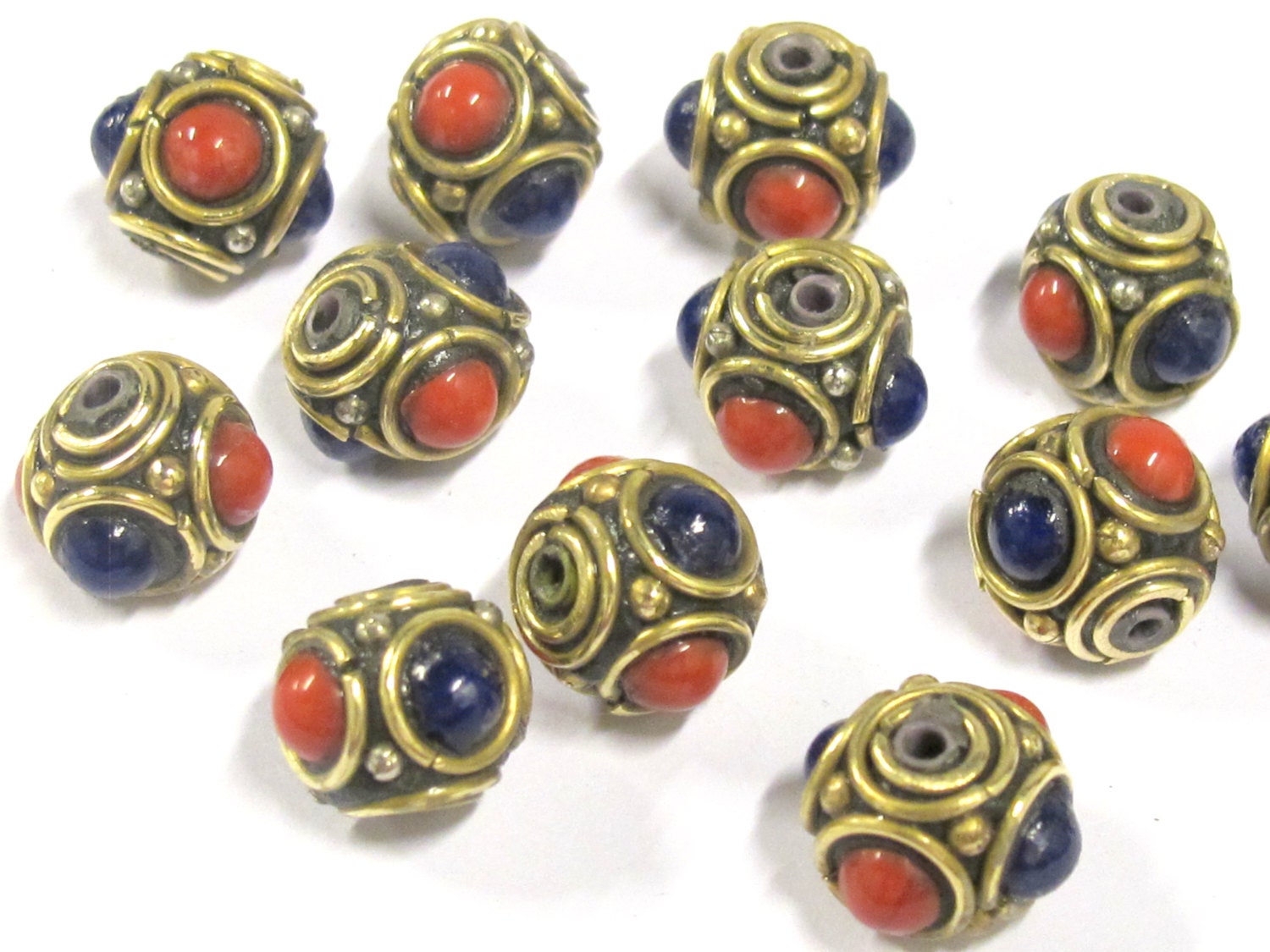 8 beads - Ethnic Tibetan nepal brass beads with red blue resin inlays - BD800s