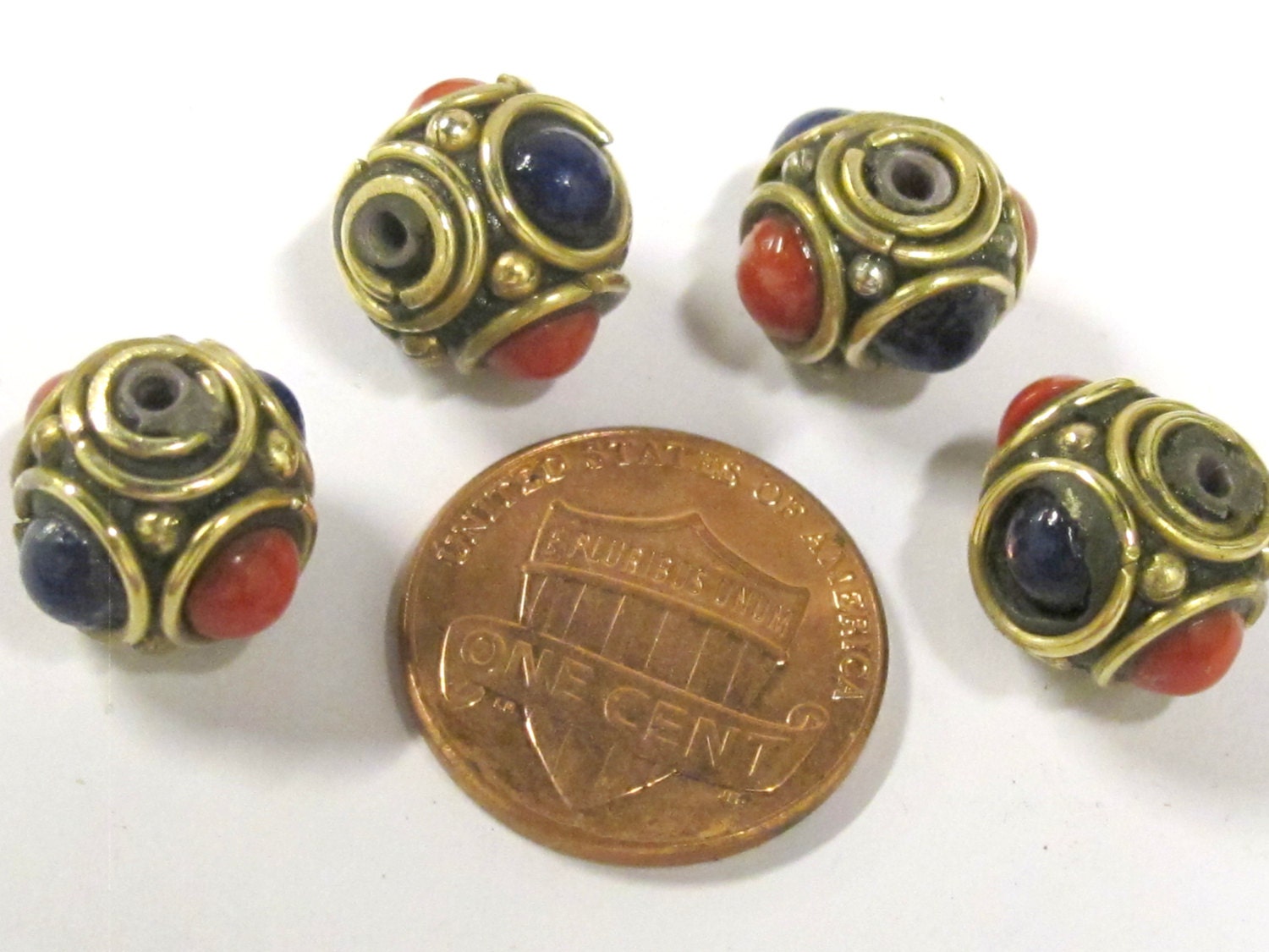 8 beads - Ethnic Tibetan nepal brass beads with red blue resin inlays - BD800s
