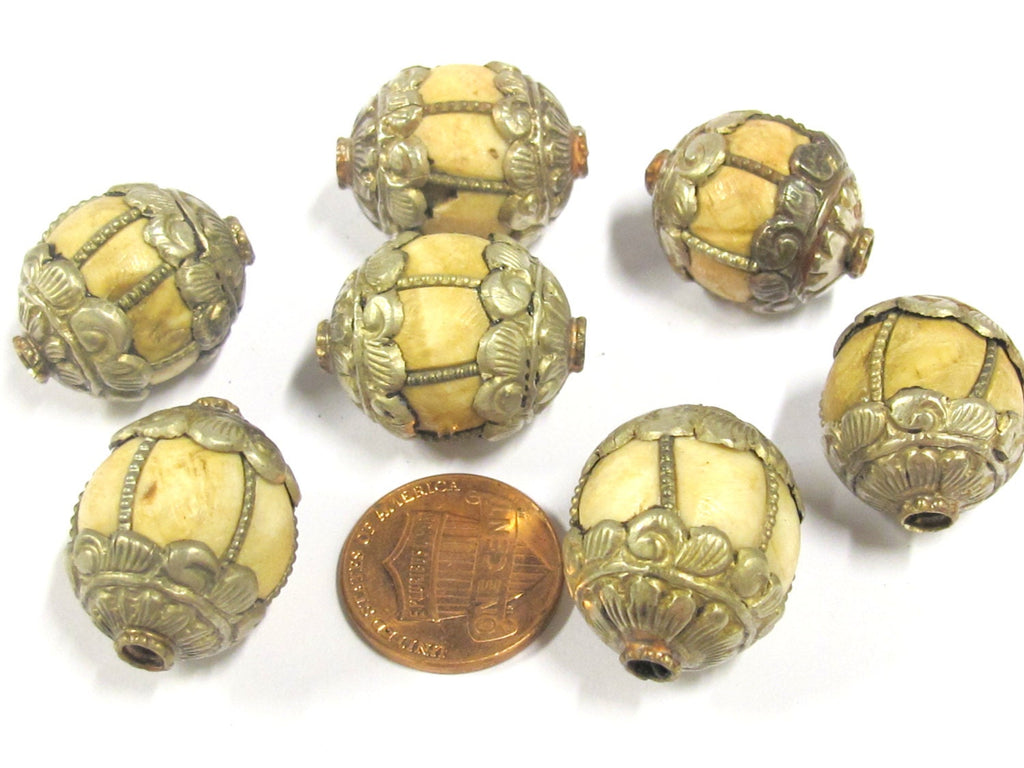 1 Bead - Tibetan silver antiqued floral capped grooved Tribal naga conch shell bead - CH060