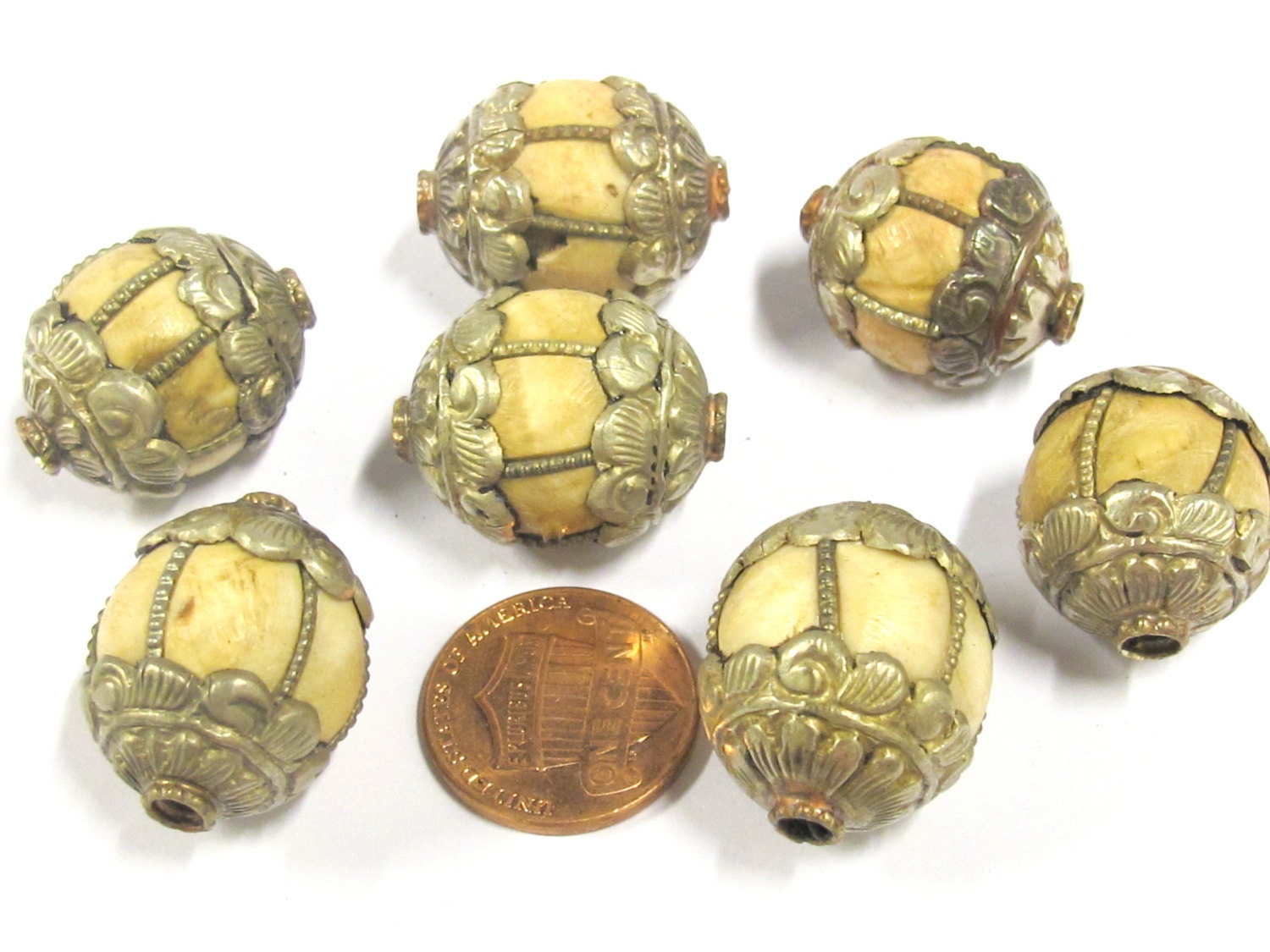 1 Bead - Tibetan silver antiqued floral capped grooved Tribal naga conch shell bead - CH060