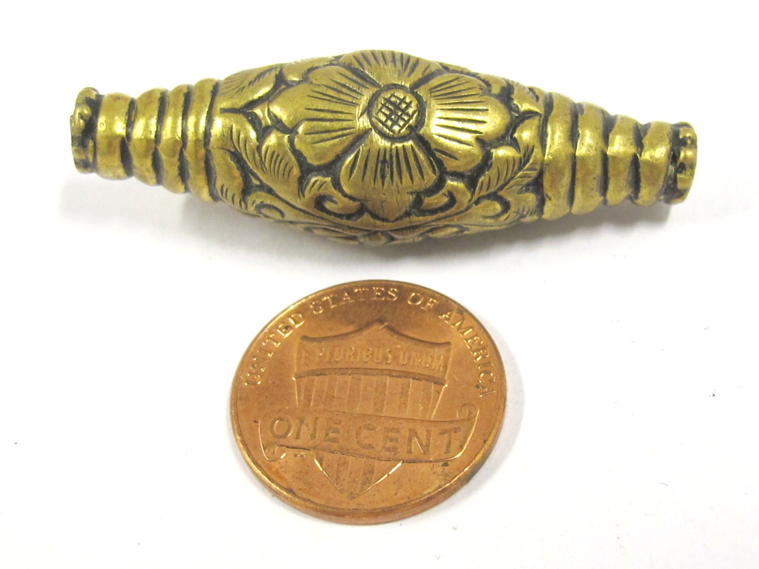 1 BEAD - Long Bicone shape tibetan brass repousse antiqued gold tone floral design beads 45 mm - BD804