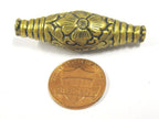 1 BEAD - Long Bicone shape tibetan brass repousse antiqued gold tone floral design beads 45 mm - BD804