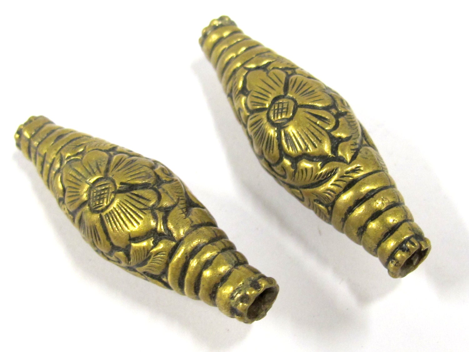 1 BEAD - Long Bicone shape tibetan brass repousse antiqued gold tone floral design beads 45 mm - BD804