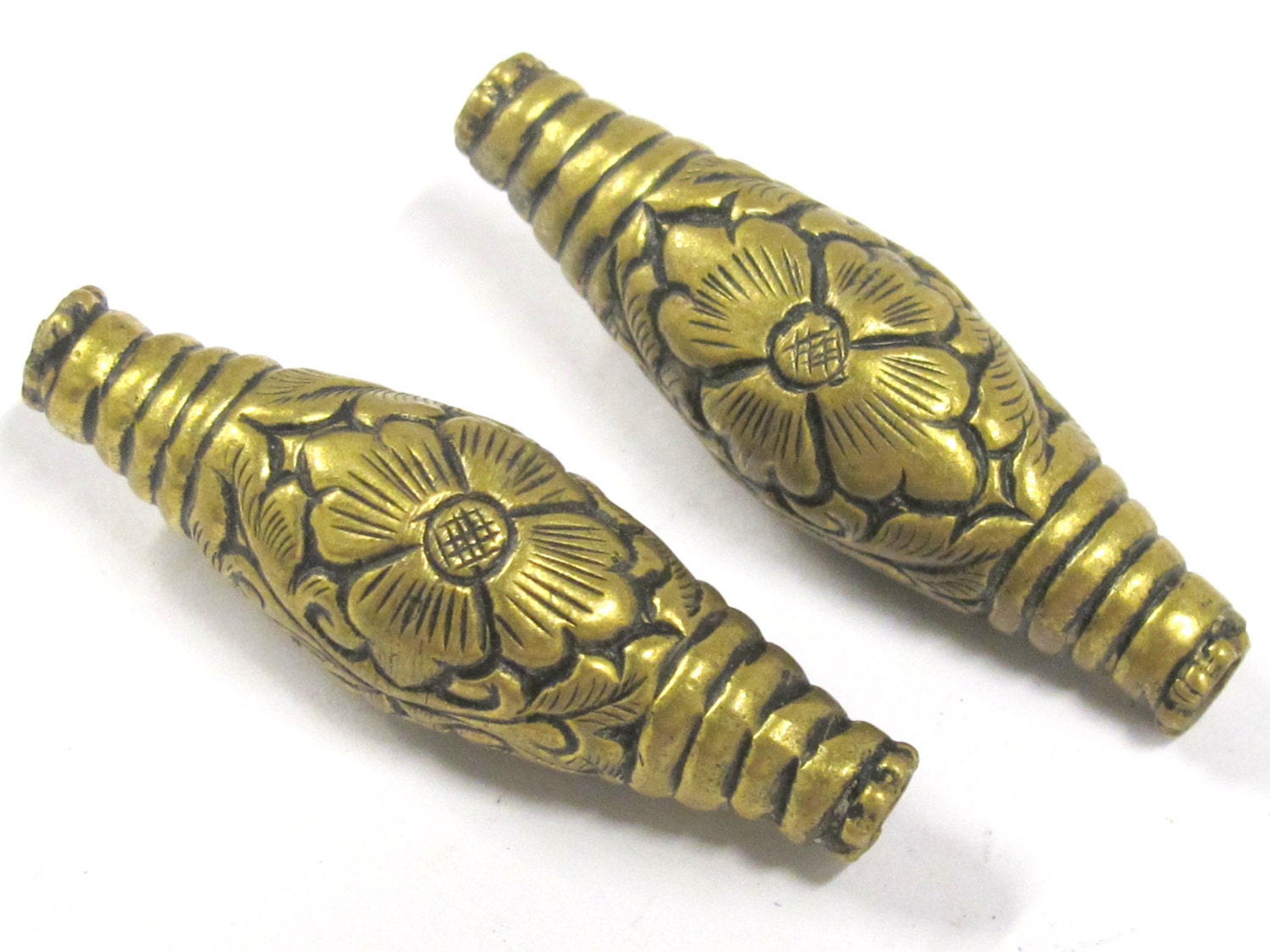1 BEAD - Long Bicone shape tibetan brass repousse antiqued gold tone floral design beads 45 mm - BD804
