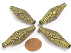 1 BEAD - Long Bicone shape tibetan brass repousse antiqued gold tone floral design beads 45 mm - BD804
