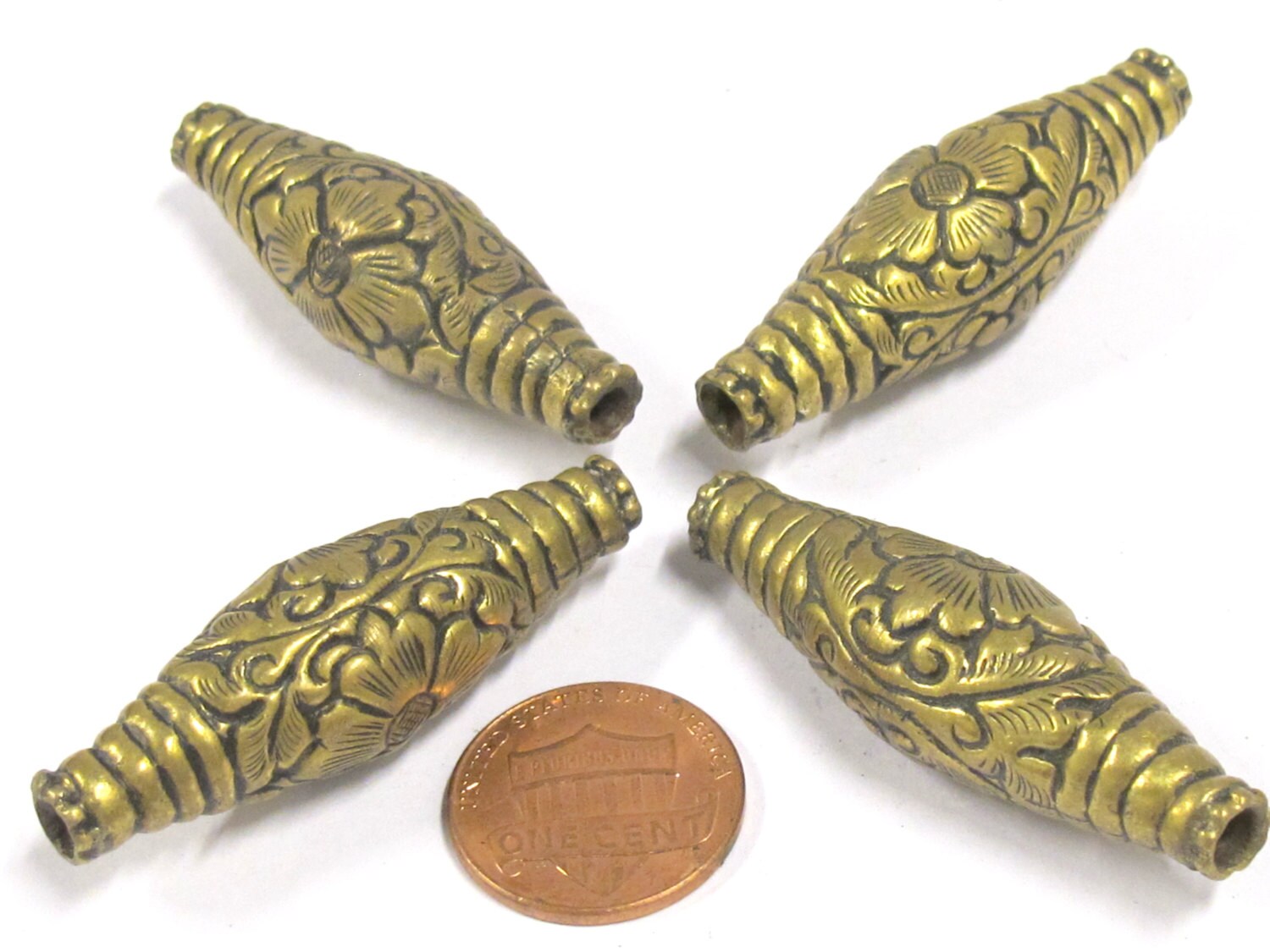1 BEAD - Long Bicone shape tibetan brass repousse antiqued gold tone floral design beads 45 mm - BD804