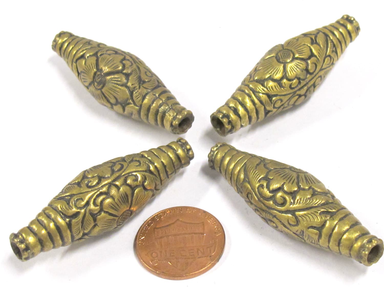 1 BEAD - Long Bicone shape tibetan brass repousse antiqued gold tone floral design beads 45 mm - BD804
