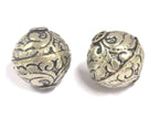 1 BEAD - Tibetan silver repousse floral design oval shape beads 18 - 19 mm - BD794s