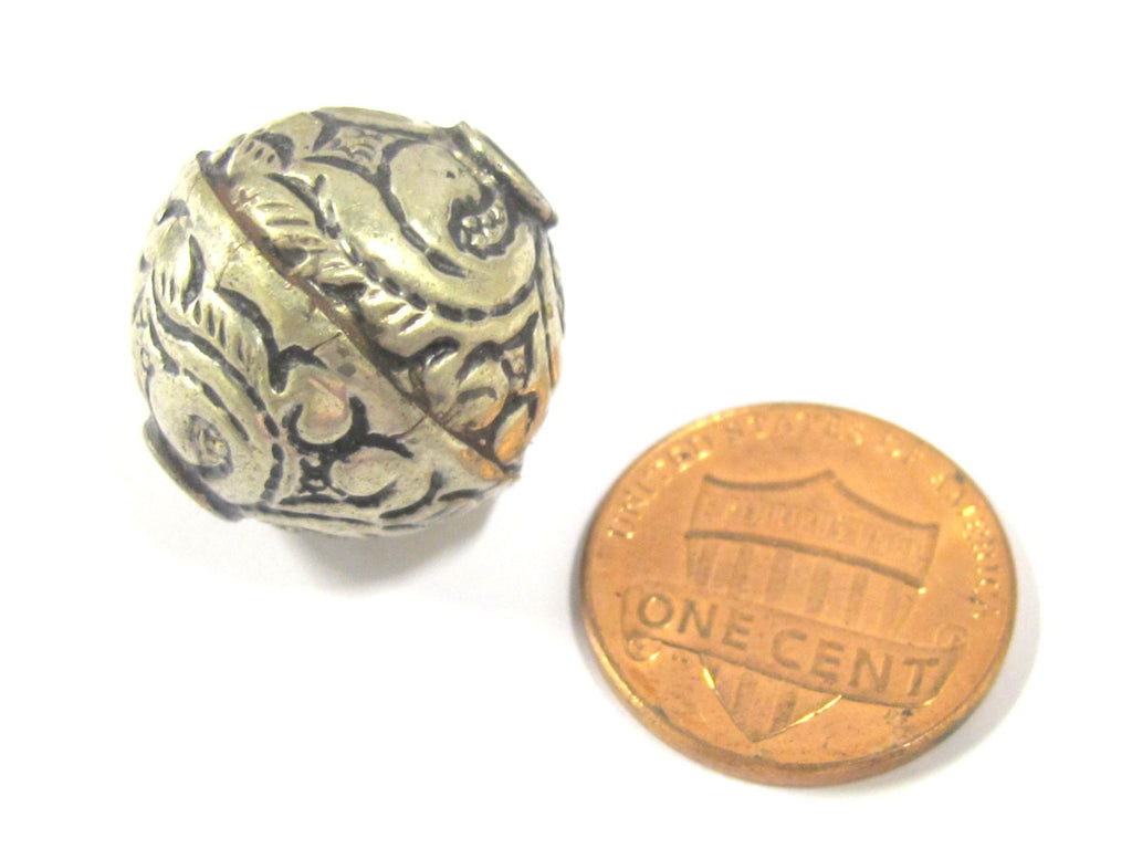 1 BEAD - Tibetan silver repousse floral design oval shape beads 18 - 19 mm - BD794s