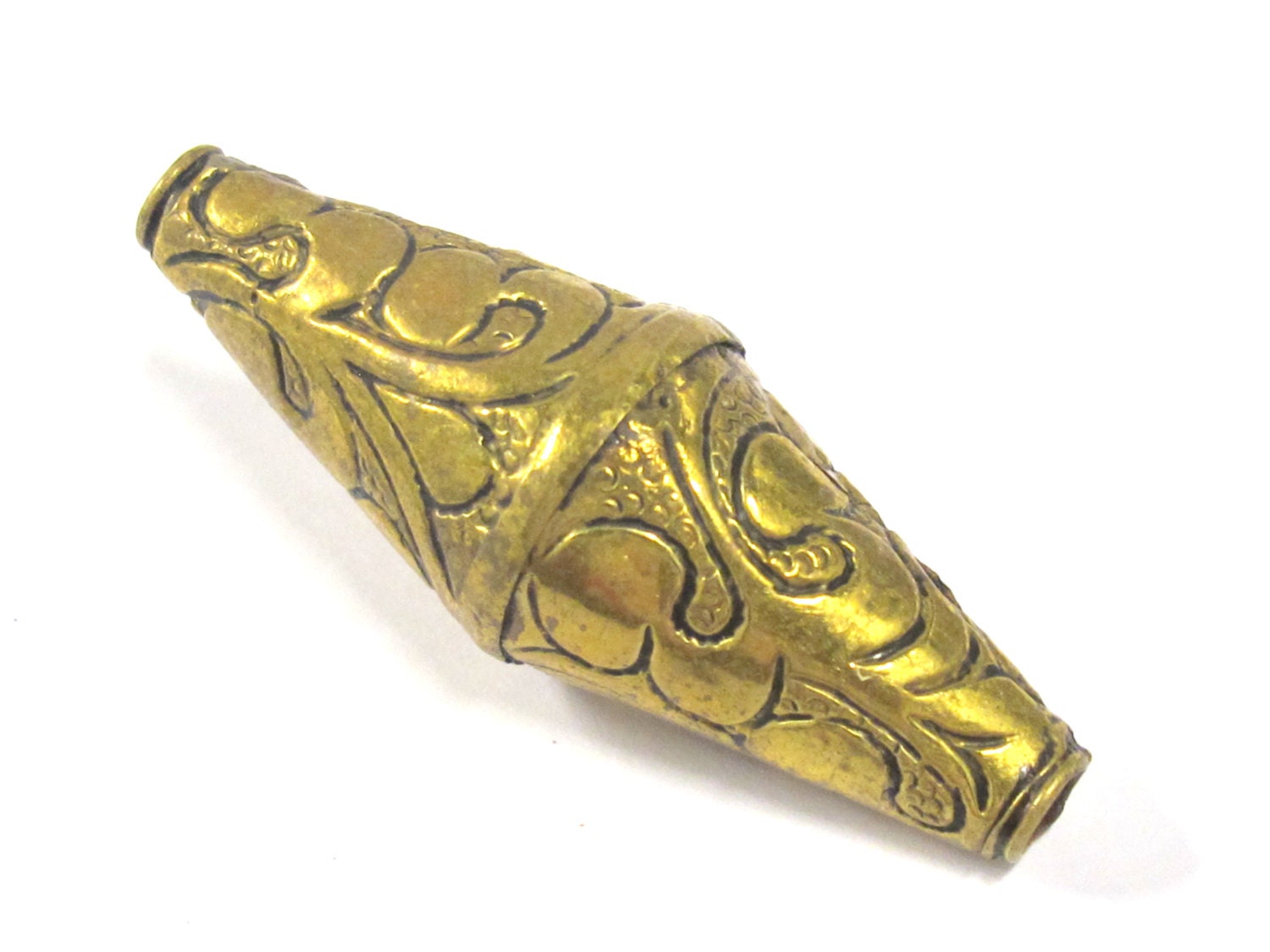 1 BEAD - Large Bicone shape tibetan repousse antiqued golden brass beads from Nepal - BD795