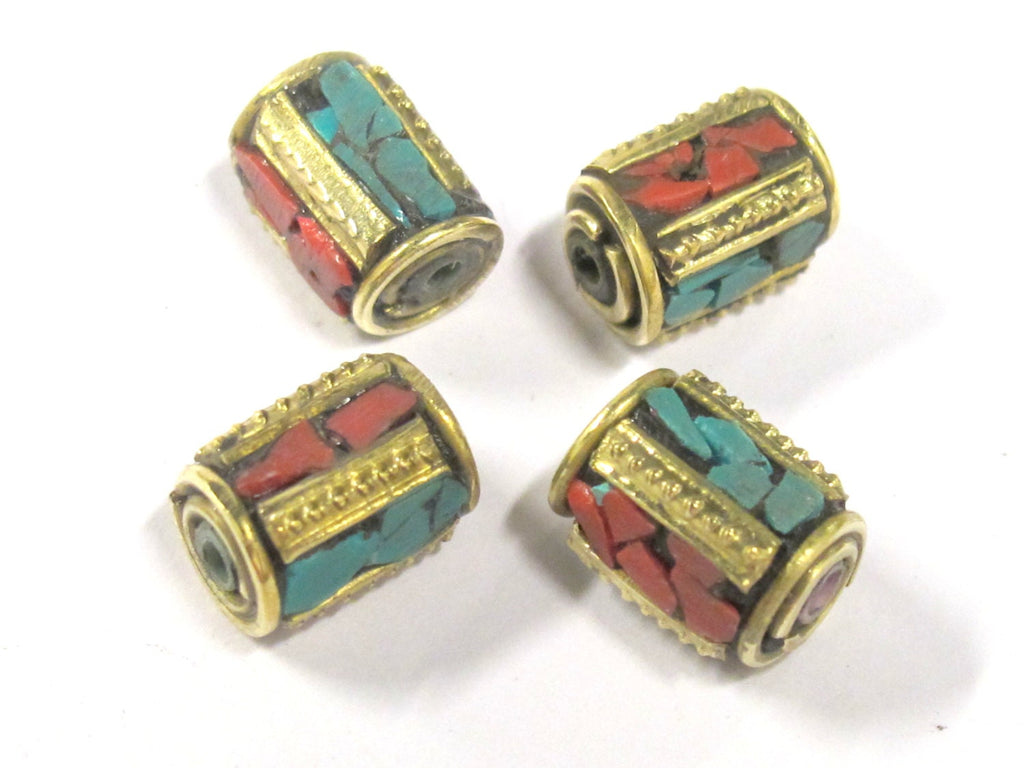 10 Beads - Tibetan brass beads with turquoise inlay from Nepal - BD798s
