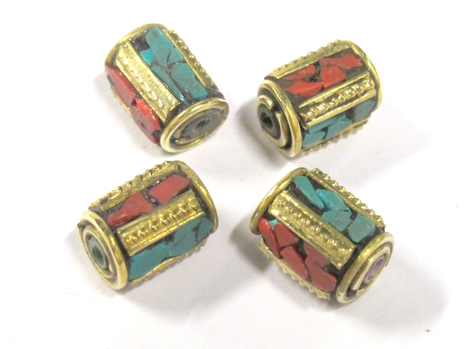 10 Beads - Tibetan brass beads with turquoise inlay from Nepal - BD798s
