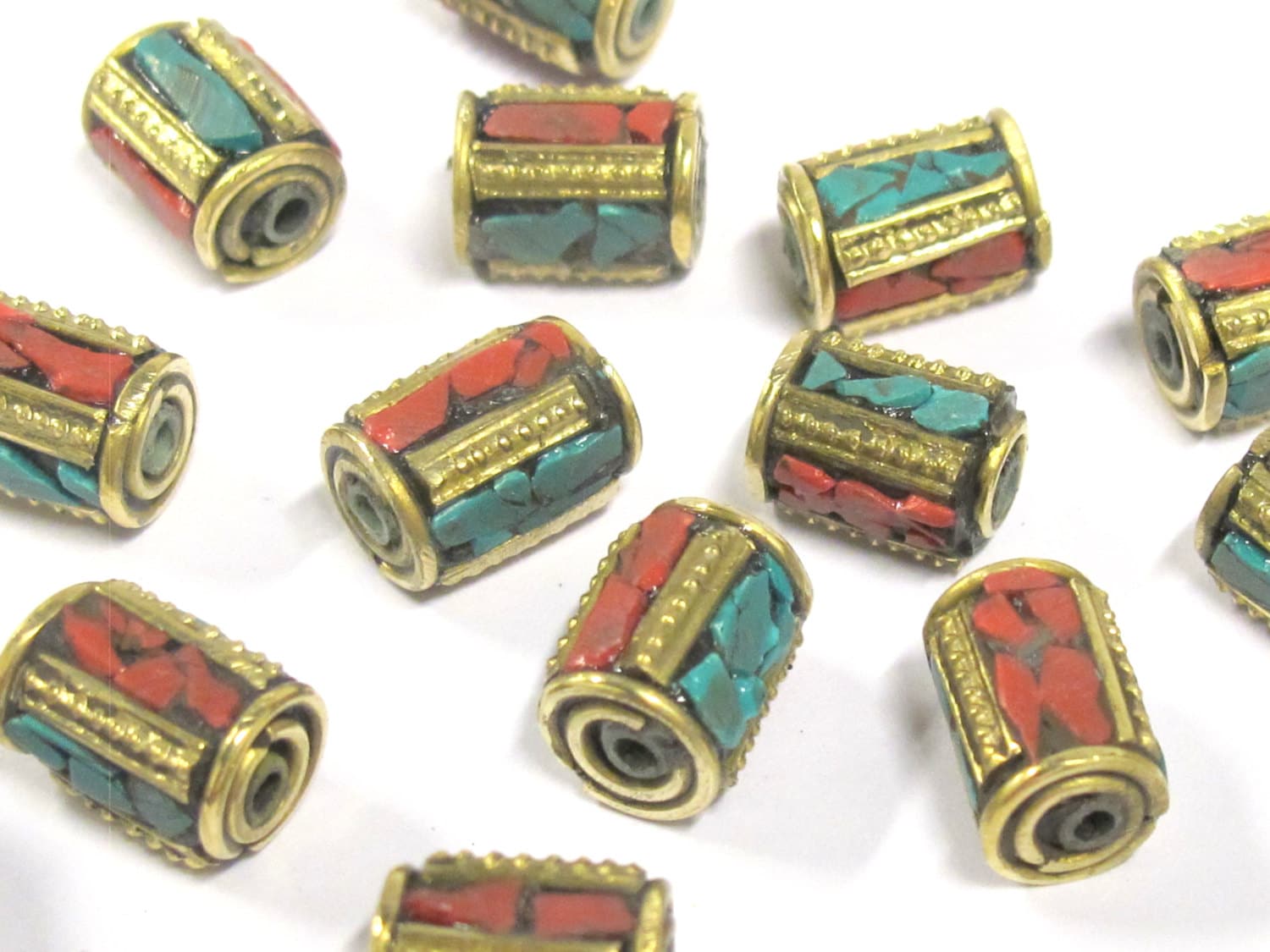 10 Beads - Tibetan brass beads with turquoise inlay from Nepal - BD798s